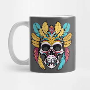 t-shirt design, colorful skull with feathers on it’s head, digital art Mug